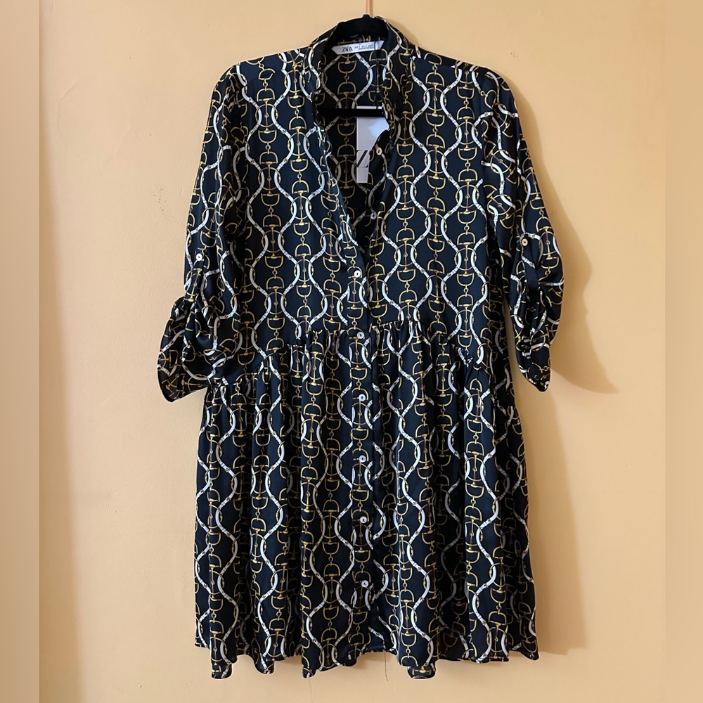 Zara Deep Navy Blue and Gold Chain Pattern Dress
